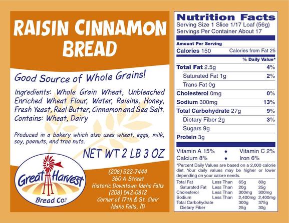 Raisin Cinnamon Nutrition Label