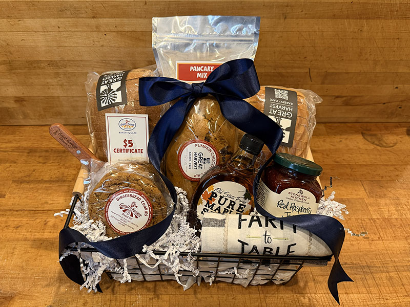 Farmhouse Basket with breads, pancake mix, syrup, and gourmet items
